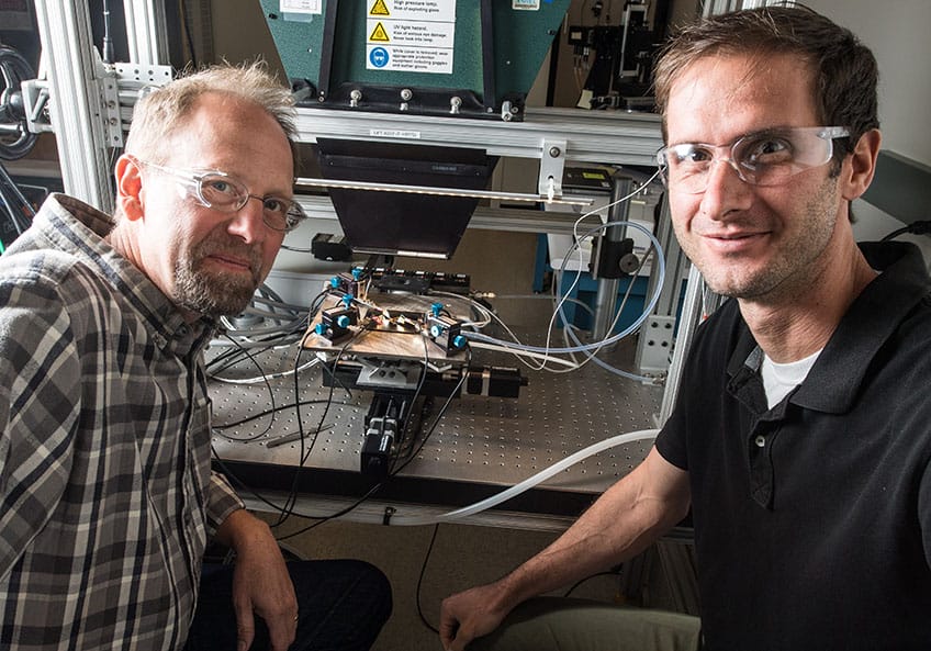 Scientists John Geisz (left) and Ryan France fabricated a solar cell that is nearly 50% efficient