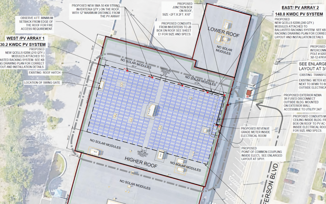 A blueprint of the layout for the solar array on the NEIEP building in Warwick, RI