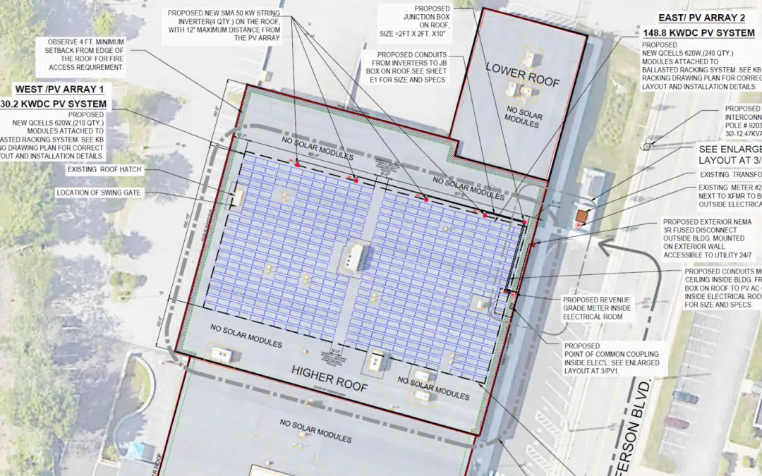 A blueprint of the layout for the solar array on the NEIEP building in Warwick, RI