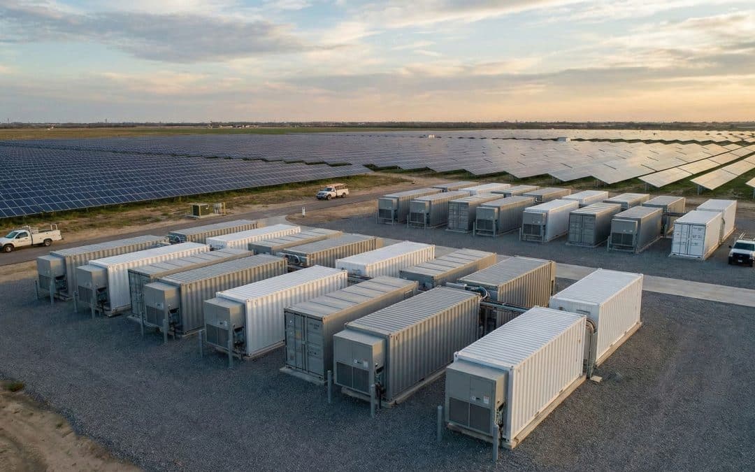 A photorealistic image showing large-scale energy storage containers co-located with a large solar farm
