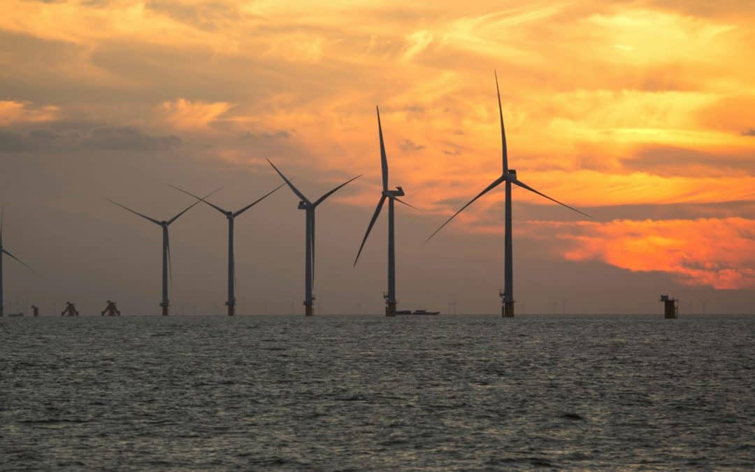 A photo of off-shore wind turbines in Chinese waters
