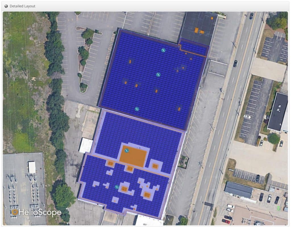 A satellite image overlaid with the original proposed layout for solar on the NEIEP building.