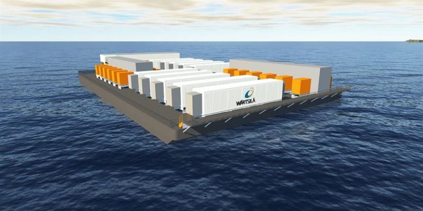This picture is a rendering of floating batteries in the ocean.